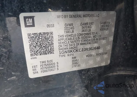 2018 Chevrolet Tahoe Premier из США, поврежденный, VIN 1GNSKCKC2JR362640